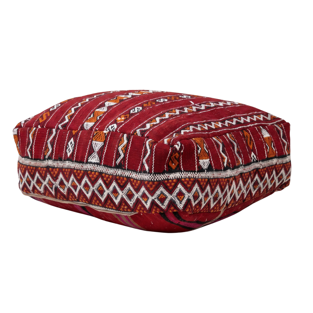 Deep Maroon Kilim Berber Floor Pouf 60x60x20 cm – Authentic Handmade Moroccan Floor Cushion with Tribal Diamond Border