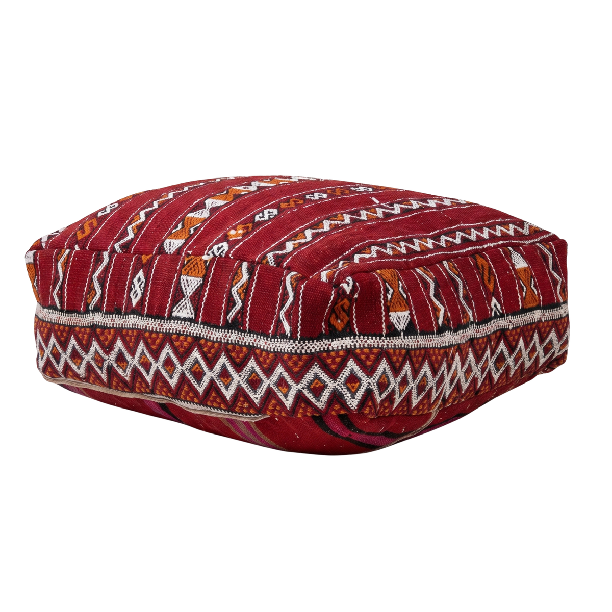Deep Maroon Kilim Berber Floor Pouf 60x60x20 cm – Authentic Handmade Moroccan Floor Cushion with Tribal Diamond Border