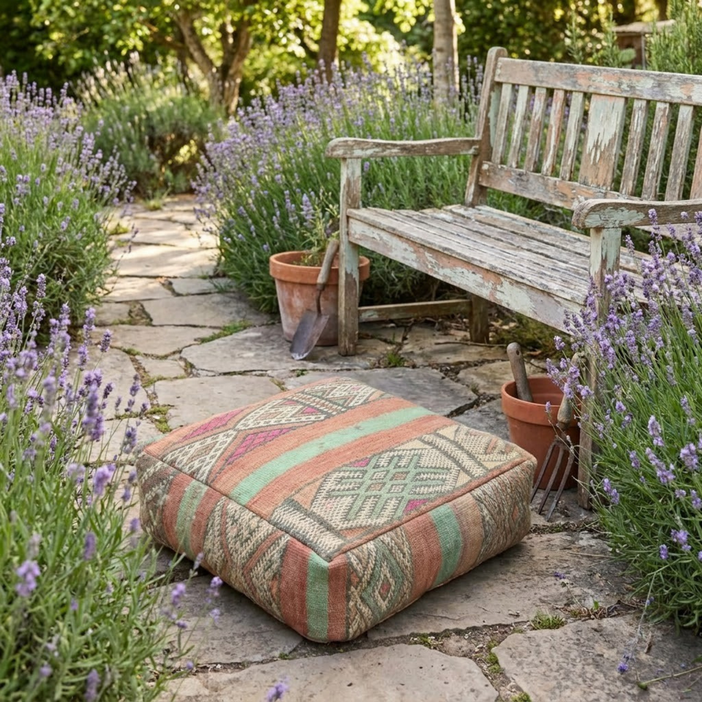 Vintage Pastel Kilim Berber Floor Pouf 60x60x20 cm – Handmade Moroccan Square Cushion with Peach, Mint Stripes and Diamond Medallions