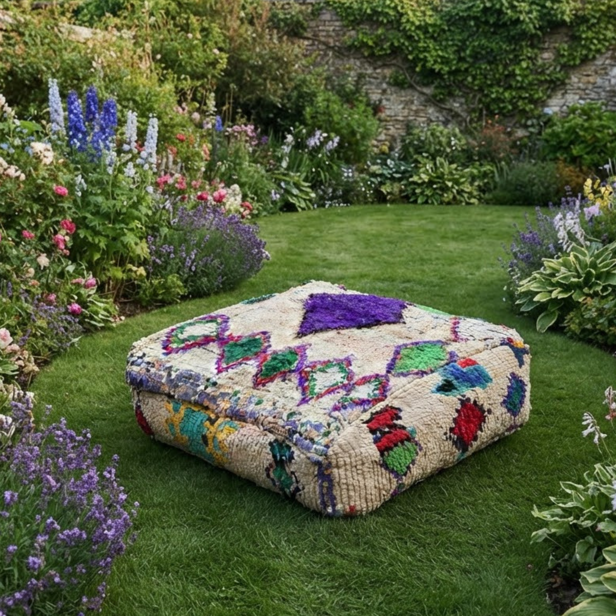 Vintage Shaggy Boujad Berber Floor Pouf 60x60x20 cm – Authentic Handmade Moroccan High-Pile Wool Cushion with Purple Diamond