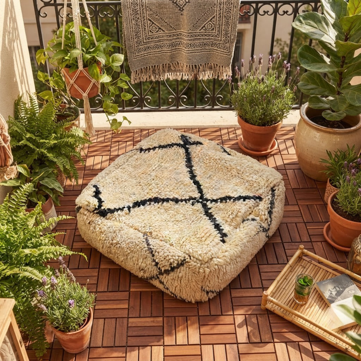 Beni Ourain Berber Floor Pouf 60x60x20 cm – Authentic Handmade Moroccan Shaggy Wool Cushion in Cream and Charcoal Black