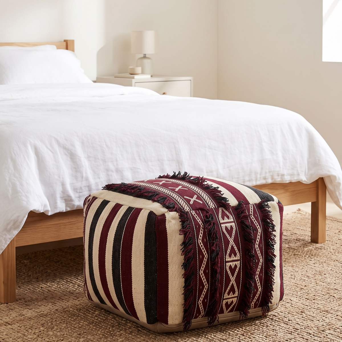 Burgundy and Cream Berber Floor Pouf with Black Fringe 45x45 cm – Authentic Handmade Moroccan Cube Ottoman