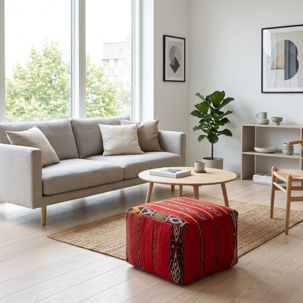 Ruby Red Kilim Berber Floor Pouf 45x45 cm – Authentic Handmade Moroccan Cube Ottoman with Tribal Geometric Bands