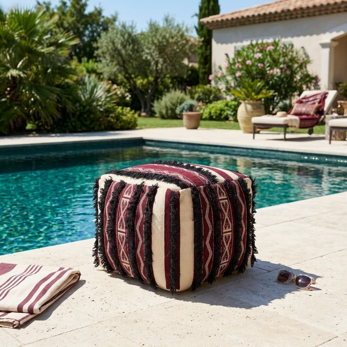 Burgundy and Cream Berber Floor Pouf with Black Fringe 45x45 cm – Authentic Handmade Moroccan Cube Ottoman