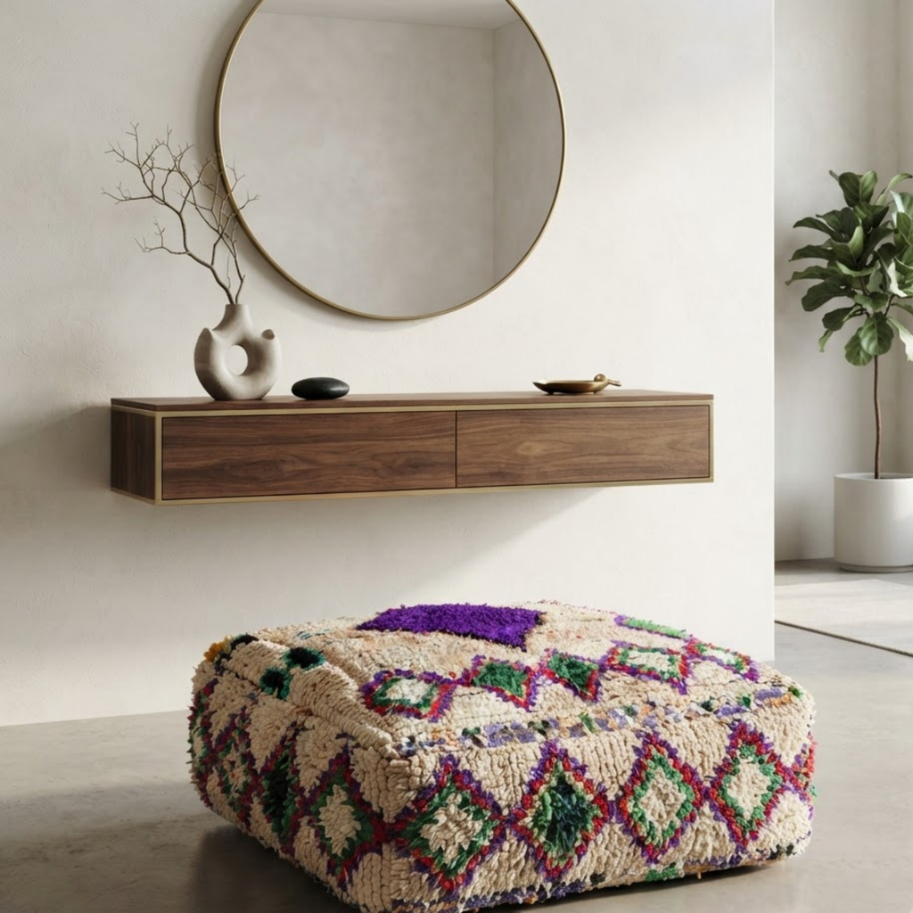 Vintage Shaggy Boujad Berber Floor Pouf 60x60x20 cm – Authentic Handmade Moroccan High-Pile Wool Cushion with Purple Diamond