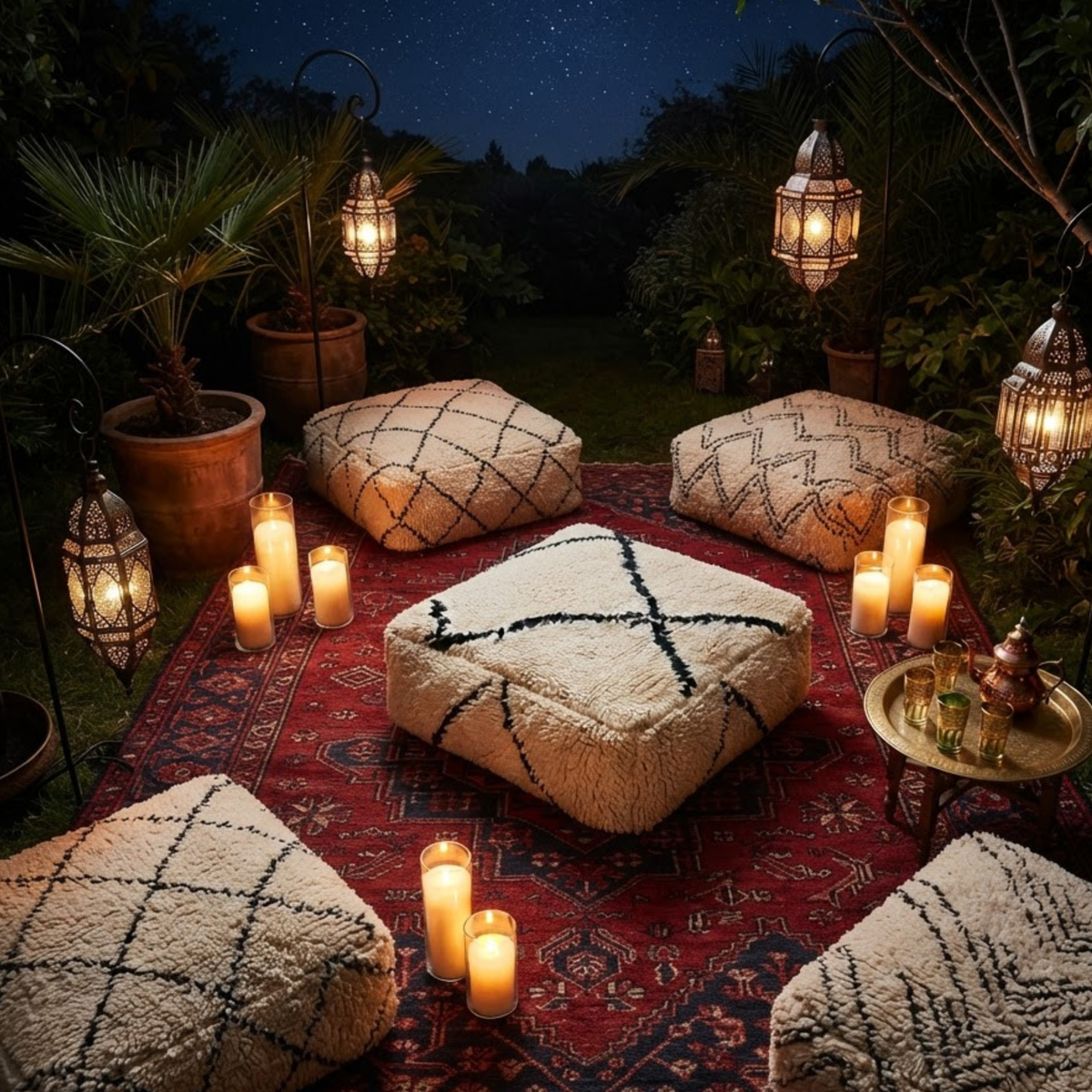 Beni Ourain Berber Floor Pouf 60x60x20 cm – Authentic Handmade Moroccan Shaggy Wool Cushion in Cream and Charcoal Black