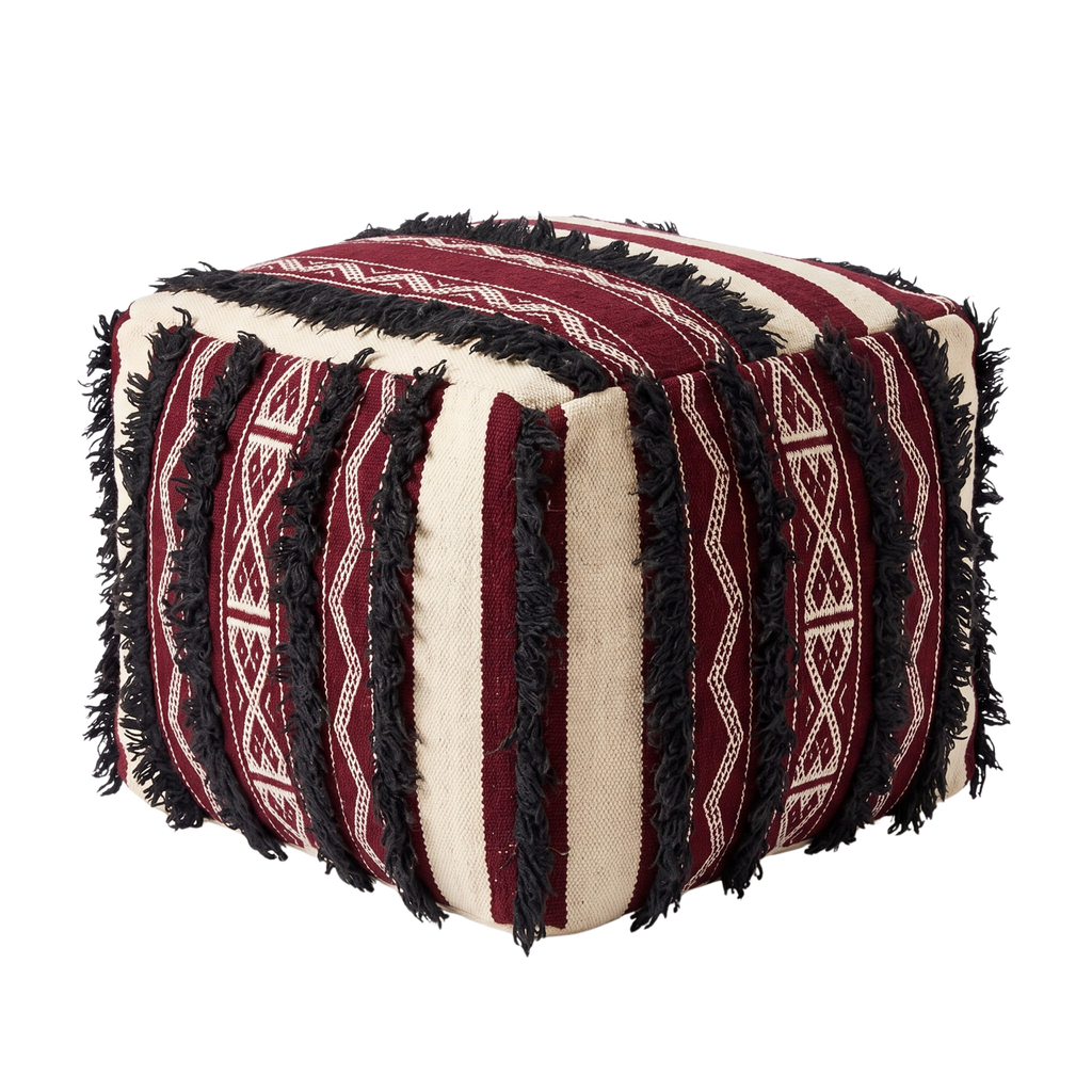 Burgundy and Cream Berber Floor Pouf with Black Fringe 45x45 cm – Authentic Handmade Moroccan Cube Ottoman