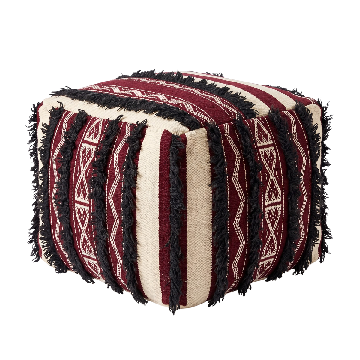 Burgundy and Cream Berber Floor Pouf with Black Fringe 45x45 cm – Authentic Handmade Moroccan Cube Ottoman