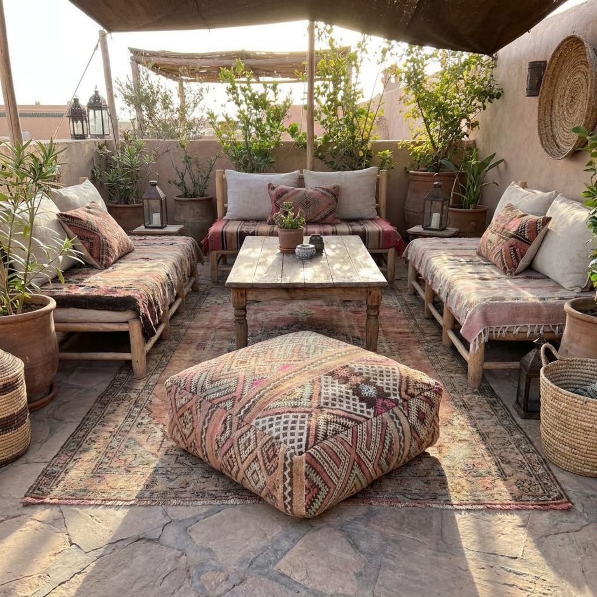 Vintage Sand Kilim Berber Floor Pouf 60x60x20 cm – Handmade Moroccan Square Cushion with Tribal Lattice Mosaic and Pastel Accents