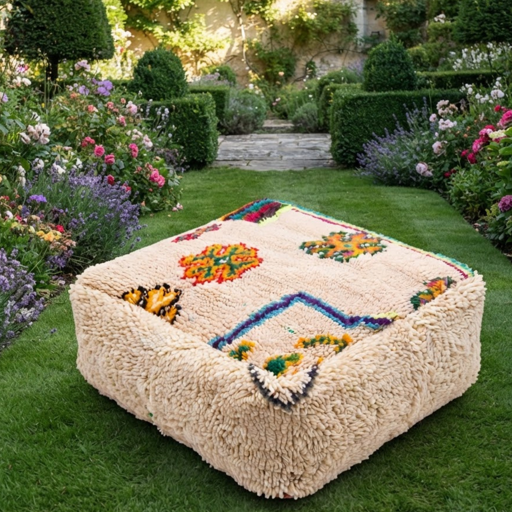 Multicolor Azilal Berber Floor Pouf 60x60x20 cm – Authentic Handmade Moroccan Cream Wool Cushion with High-Pile Shaggy Sides