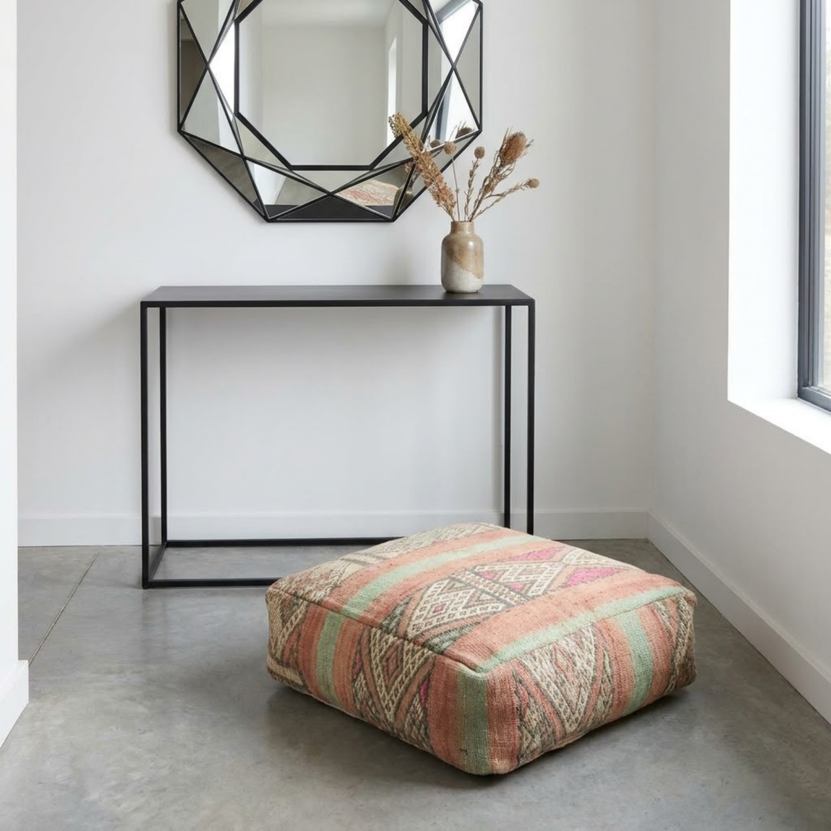 Vintage Pastel Kilim Berber Floor Pouf 60x60x20 cm – Handmade Moroccan Square Cushion with Peach, Mint Stripes and Diamond Medallions