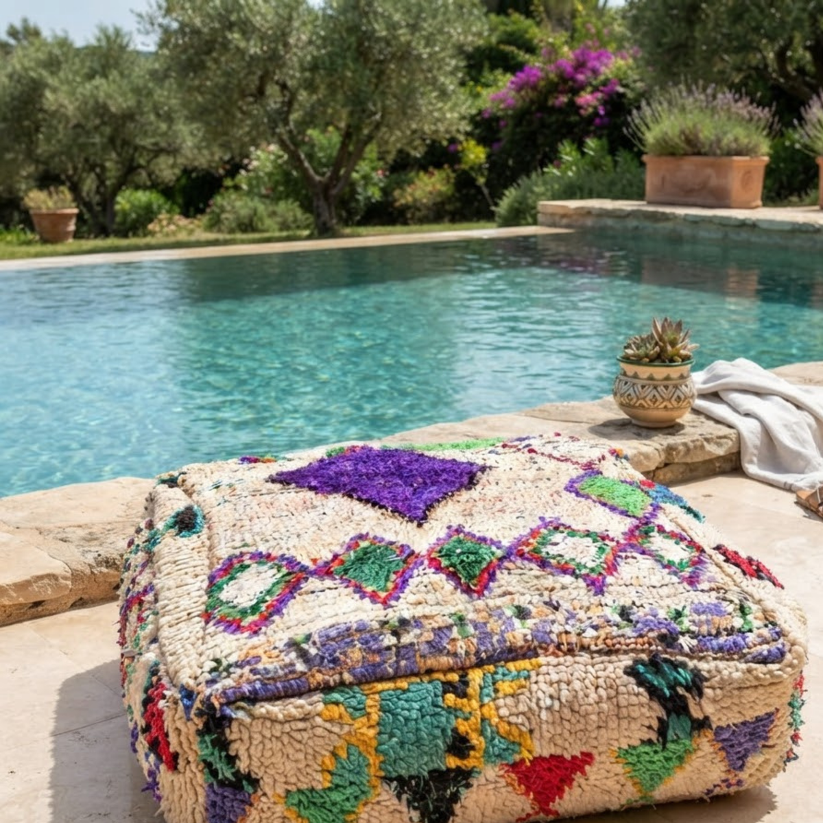 Vintage Shaggy Boujad Berber Floor Pouf 60x60x20 cm – Authentic Handmade Moroccan High-Pile Wool Cushion with Purple Diamond