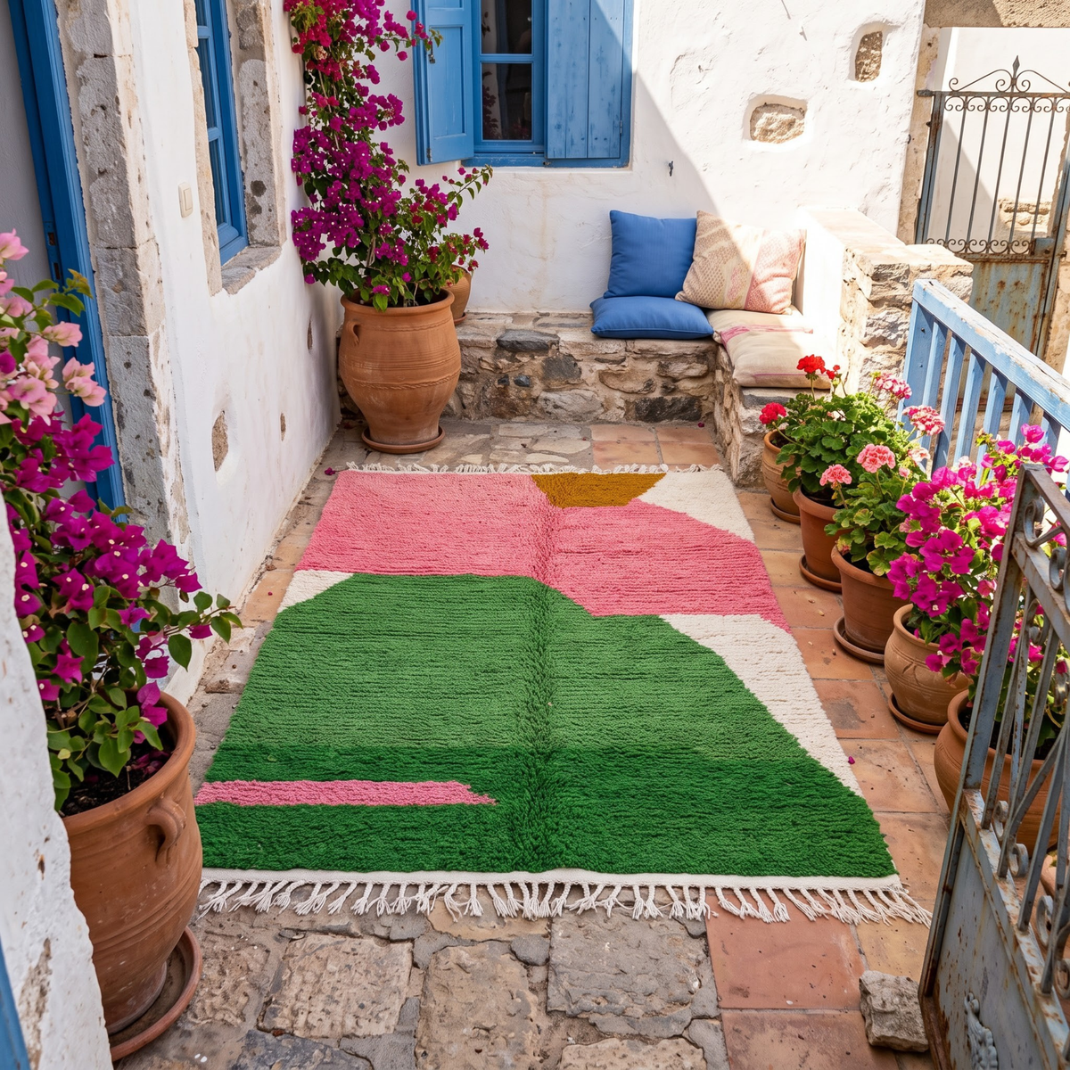 Handmade Moroccan Wool Rug Azilal Style | Abstract Organic Color Block in Blush Pink, Green & Mustard Atlas Carpet