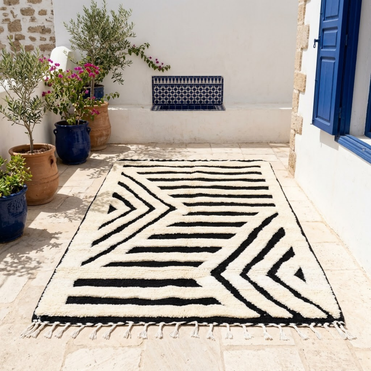 Handmade Moroccan Wool Rug Contemporary Beni Ourain Style | Black & White Striped Chevron Geometric Atlas Carpet