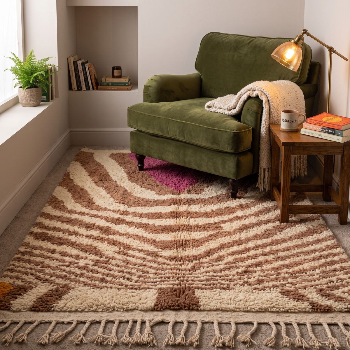 Handmade Moroccan Wool Rug Azilal Style | Caramel Wave Motif with Magenta Focal Point Atlas Carpet
