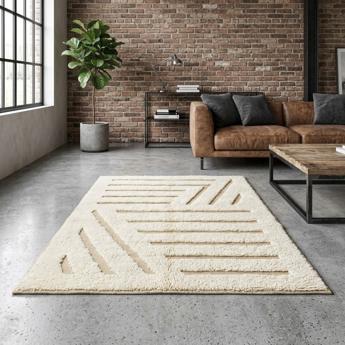 Handmade Moroccan Wool Rug Beni Ourain Style | High-Low 3D Geometric Linear Pattern in Cream & Sand