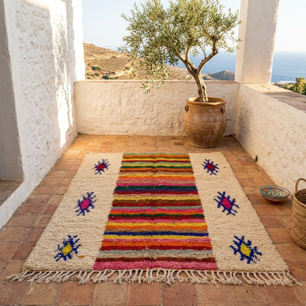 Handmade Moroccan Wool Rug Azilal Style | Multicolor Striped Center & Protective Talismans on Sand Atlas Carpet