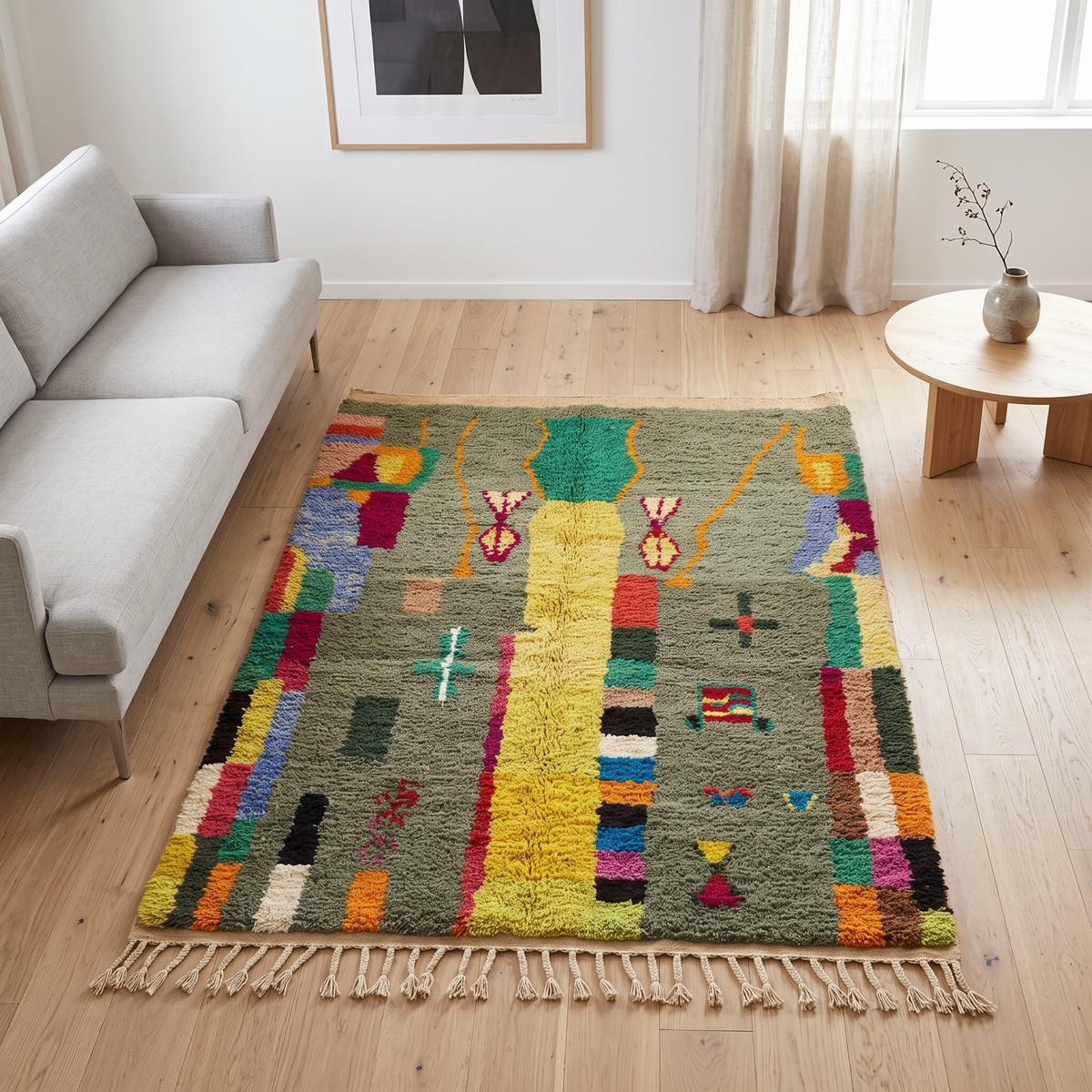 Handmade Moroccan Wool Rug Azilal Style | Sage Olive Green with Tree of Life & Berber Motifs Atlas Carpet