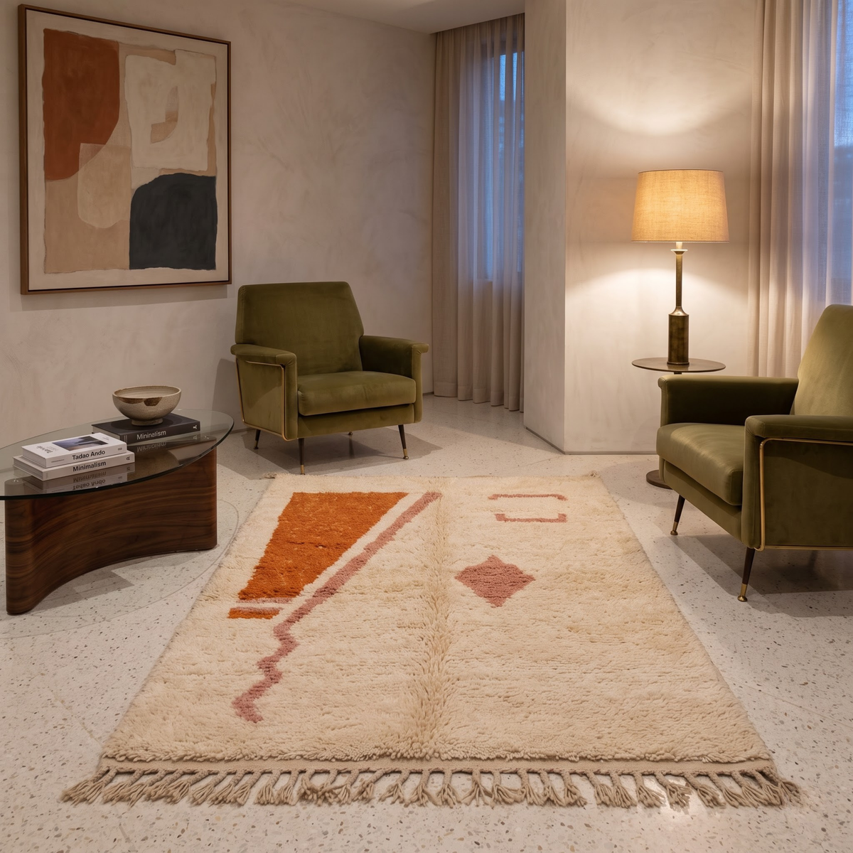 Handmade Moroccan Wool Rug Minimalist Azilal Style | Abstract Geometric Motifs in Terracotta & Dusty Pink Atlas Carpet