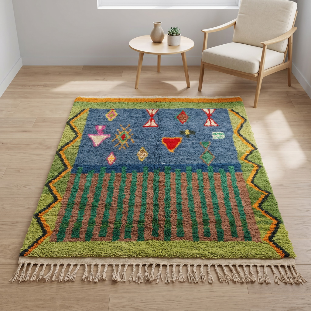 Handmade Moroccan Wool Rug Azilal Style | Starry Atlas Night Sky with Tribal Symbols in Indigo & Green