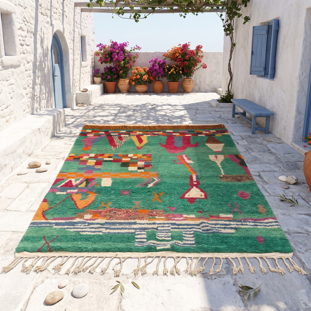 Handmade Moroccan Wool Rug Azilal Style | Emerald Green with Multicolor Tribal Berber Symbols Atlas Carpet