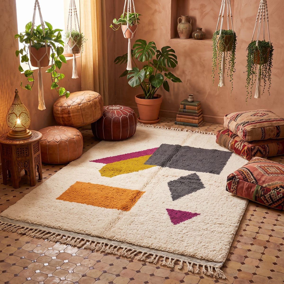 Handmade Moroccan Wool Rug Abstract Geometric Color Block | Modern Bauhaus Inspired Atlas Berber Carpet