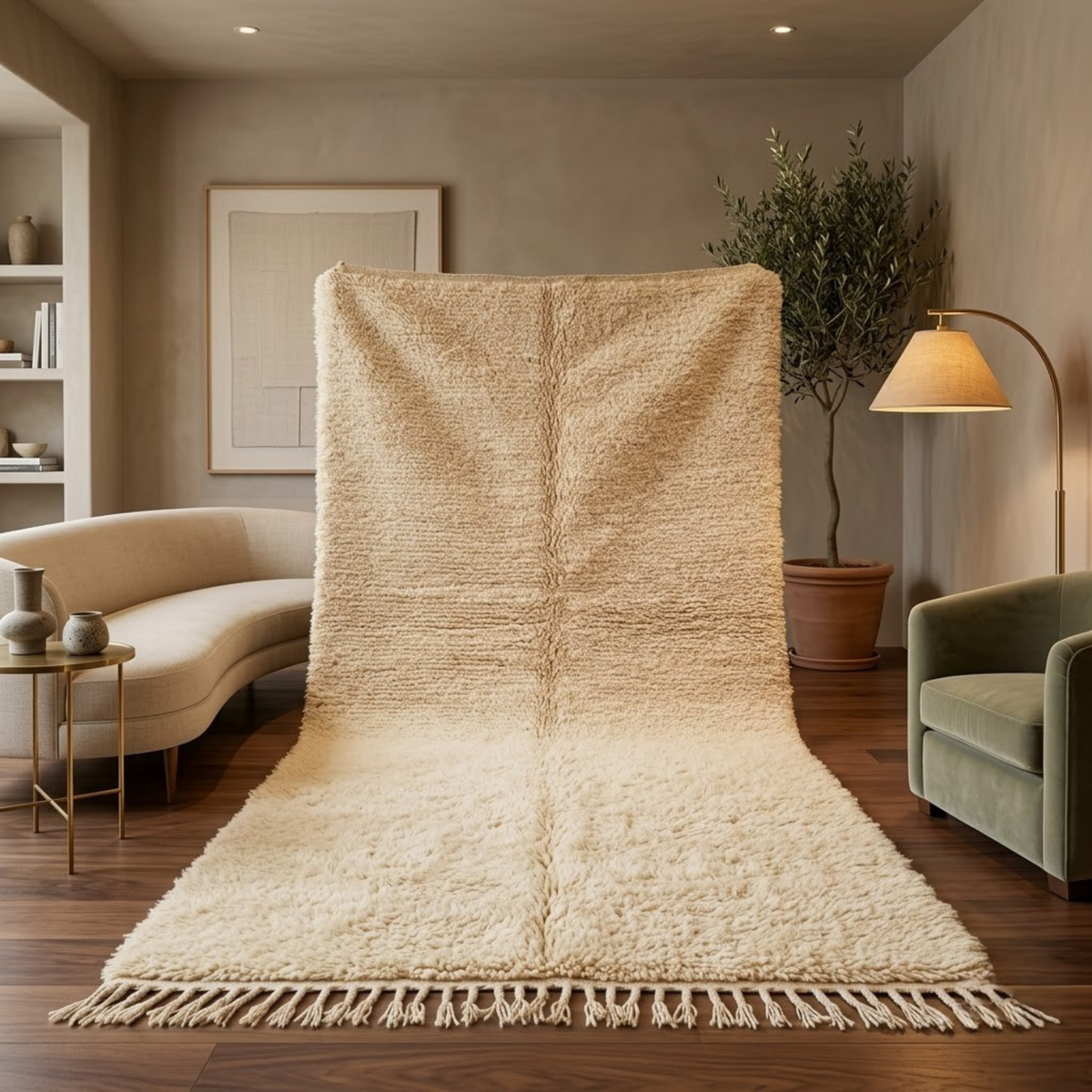 Handmade Moroccan Wool Rug Plain Beni Ourain Style | Solid Natural Sand & Cream High-Pile Atlas Carpet