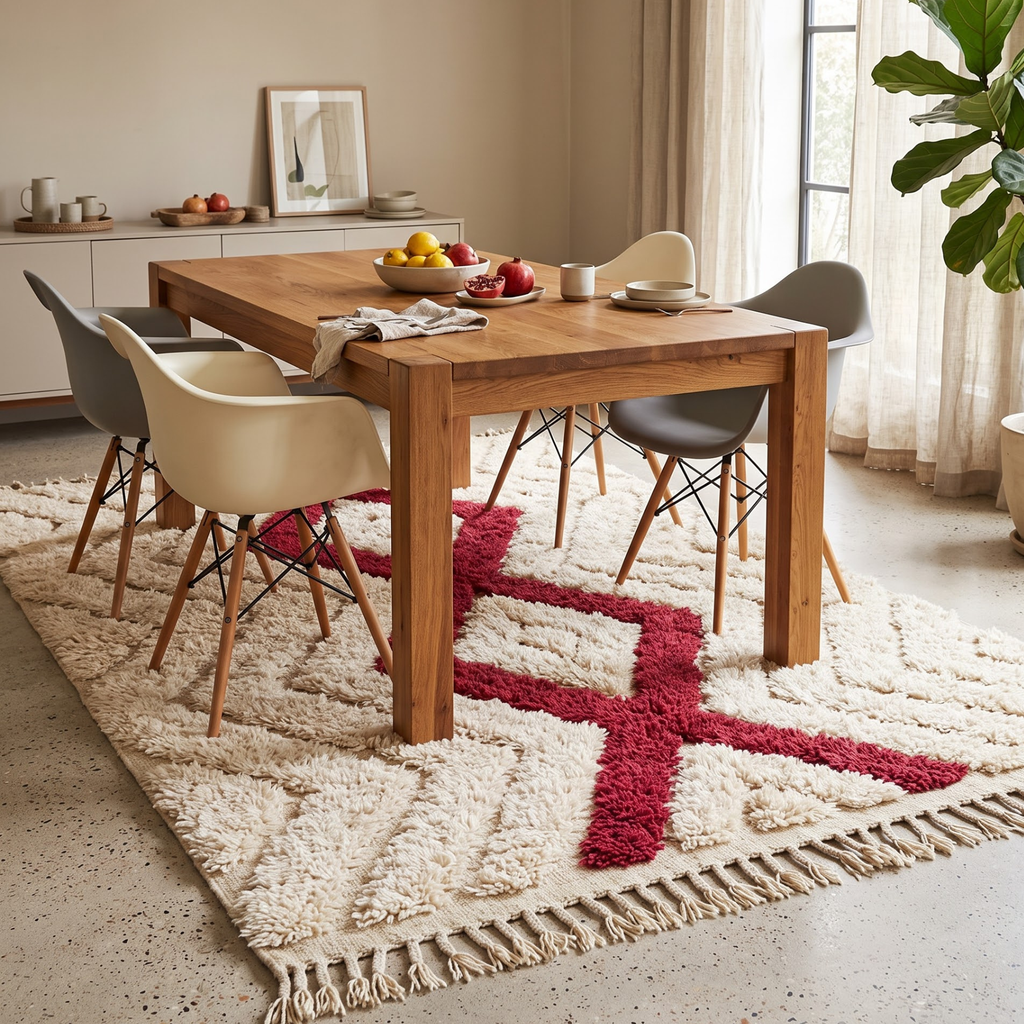 Handmade Moroccan Textured Wool Rug with Ruby Red Diamond | High-Low Atlas Berber Carpet