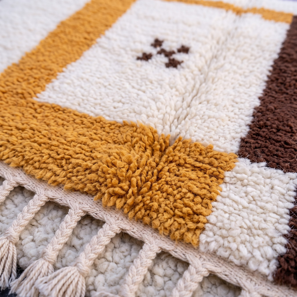 Handmade Moroccan Wool Rug Azilal Style | Abstract Minimalist Color Block in Lavender, Ochre & Cream Atlas Carpet