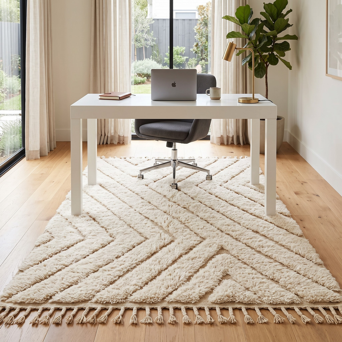 Handmade Moroccan Wool Rug Beni Ourain Style | High-Low 3D Textured Chevron Pattern in Cream & Sand