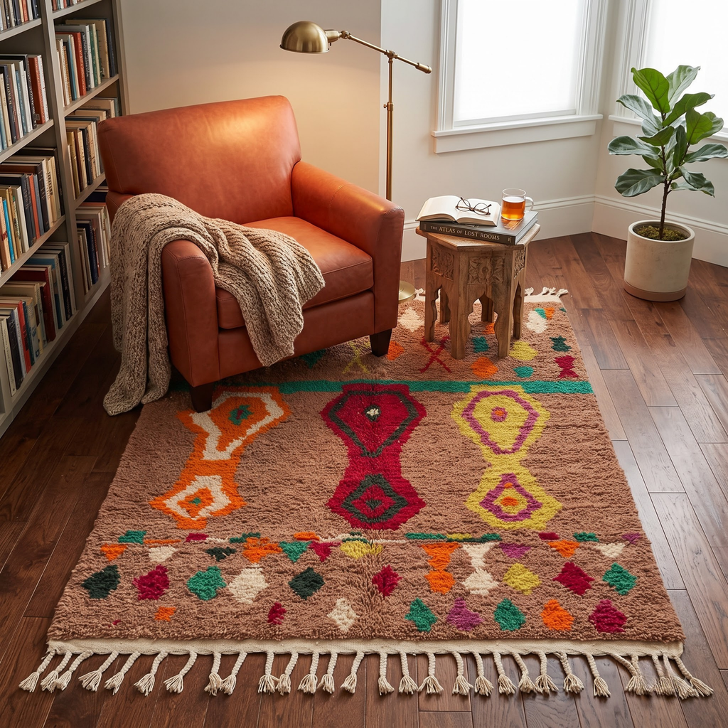 Handmade Moroccan Wool Rug Azilal / Boujaad Style | Mocha Brown Field with Tribal Urn & Talisman Motifs Atlas Carpet
