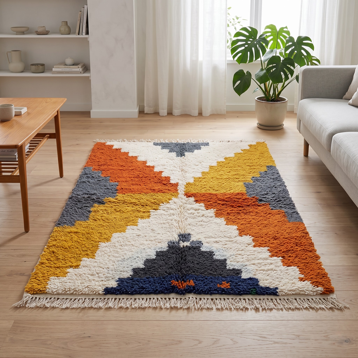 Handmade Moroccan Wool Rug Azilal Style | Stepped Geometric Diamond in Terracotta, Mustard & Slate Grey Atlas Carpet