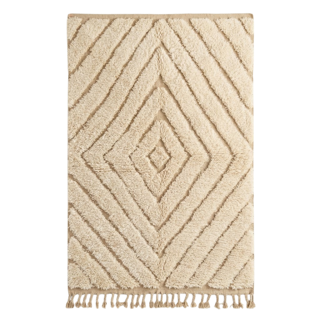 Handmade Moroccan Wool Rug Beni Ourain Style | High-Low 3D Concentric Diamond Pattern in Sand Beige & Ivory
