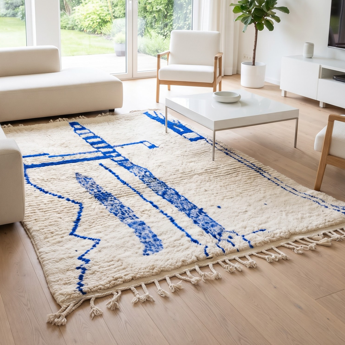 Handmade Moroccan Wool Rug Azilal Style | Cobalt Majorelle Blue Abstract Motifs on Cream Atlas Carpet