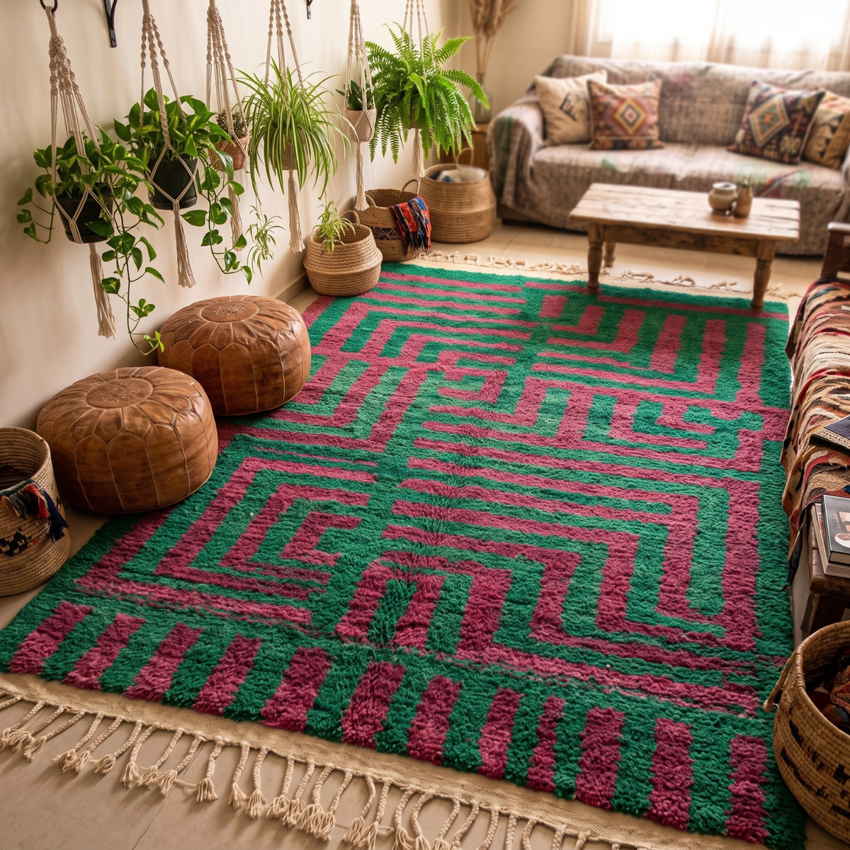 Handmade Moroccan Wool Rug Boujaad / Azilal Style | Emerald Green & Magenta Geometric Maze Atlas Carpet
