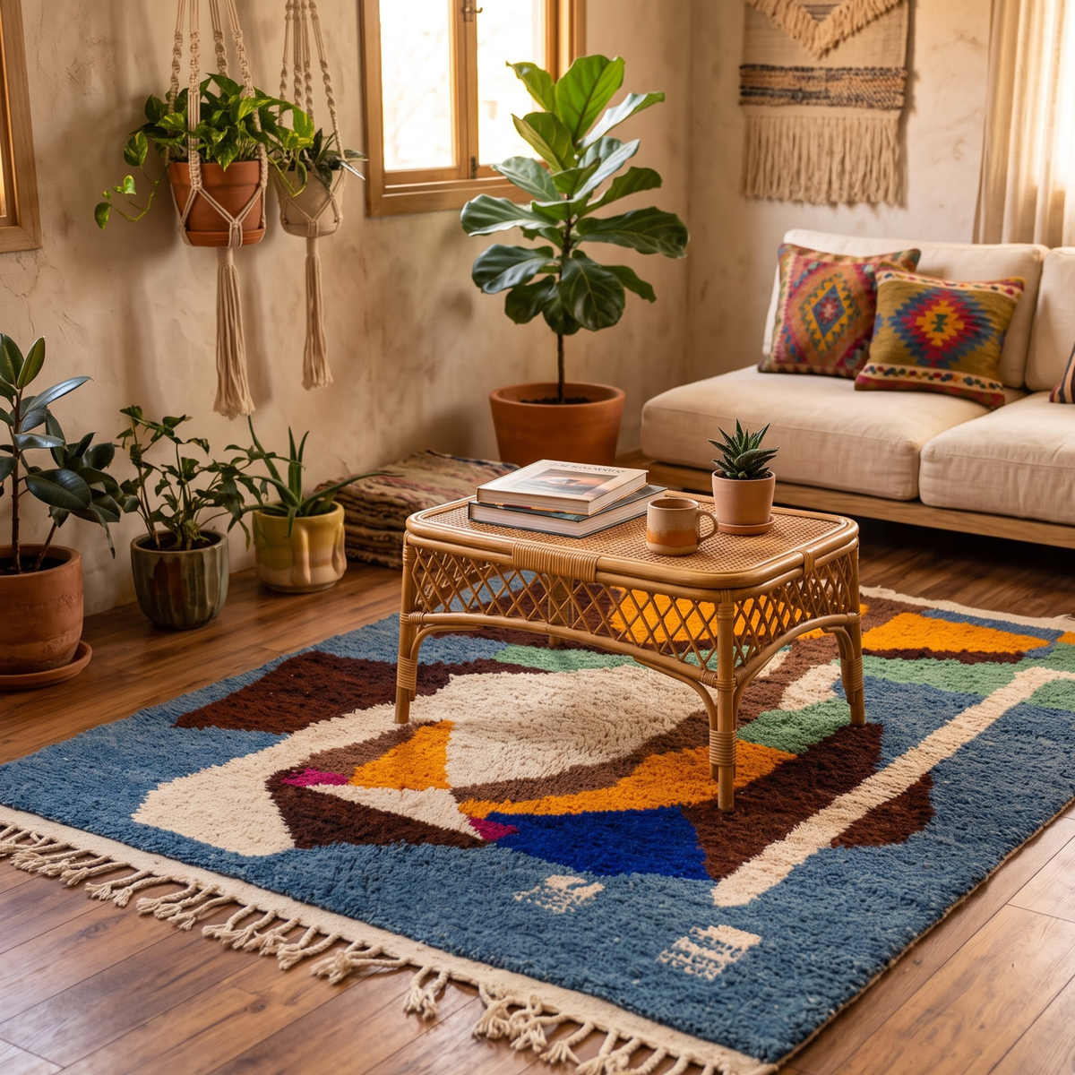 Handmade Moroccan Wool Rug Azilal Style | Abstract Cubist Art Composition in Denim Blue, Ochre & Sage Atlas Carpet