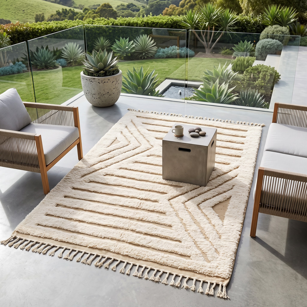 Handmade Moroccan Wool Textured Rug | High-Low Geometric Cream & Sand Atlas Berber Carpet