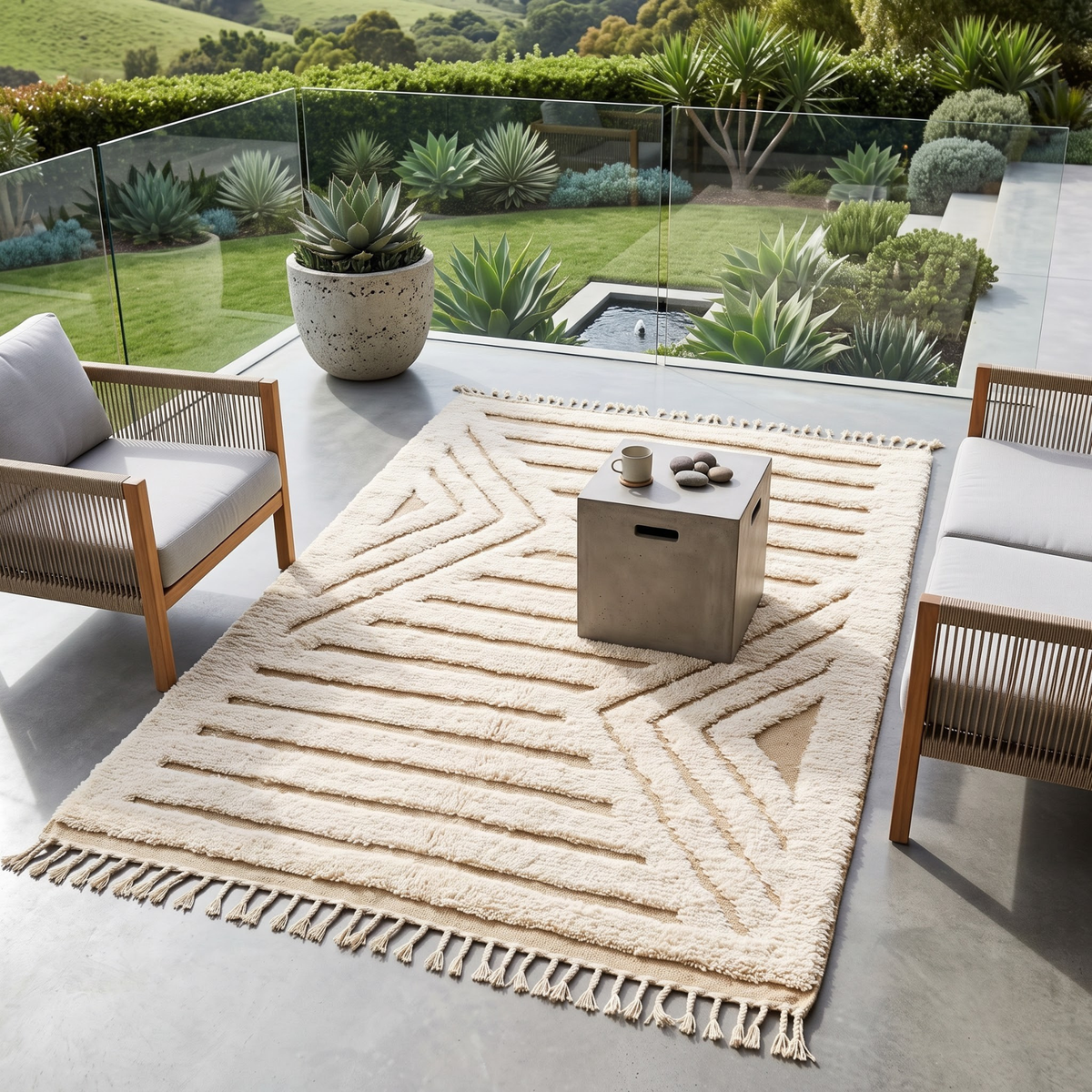 Handmade Moroccan Wool Textured Rug | High-Low Geometric Cream & Sand Atlas Berber Carpet