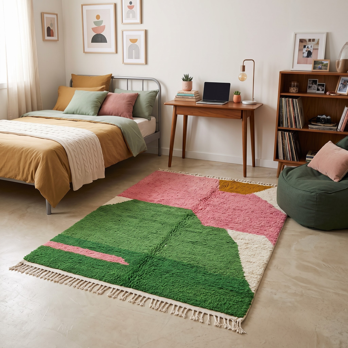Handmade Moroccan Wool Rug Azilal Style | Abstract Organic Color Block in Blush Pink, Green & Mustard Atlas Carpet
