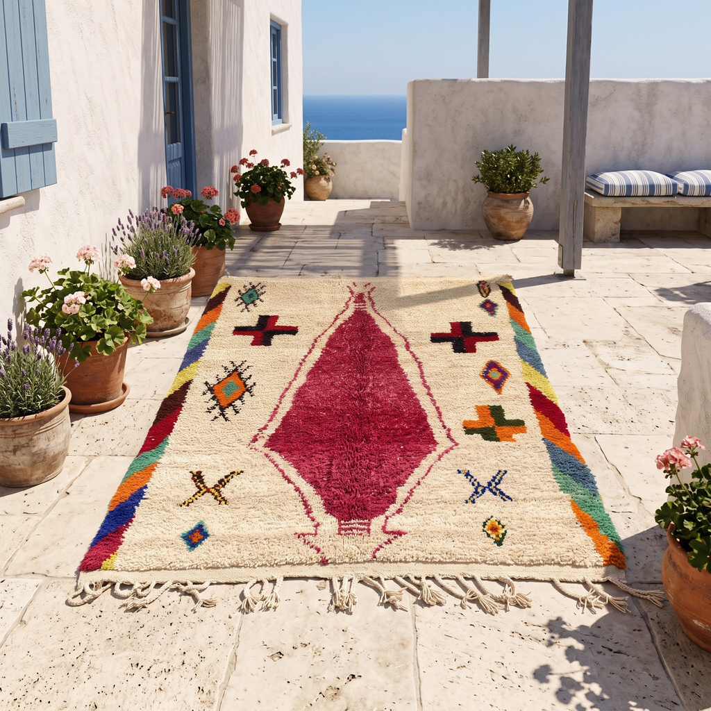 Handmade Moroccan Wool Rug Azilal Style | Magenta Centerpiece & Tribal Cross Symbols on Cream Atlas Carpet