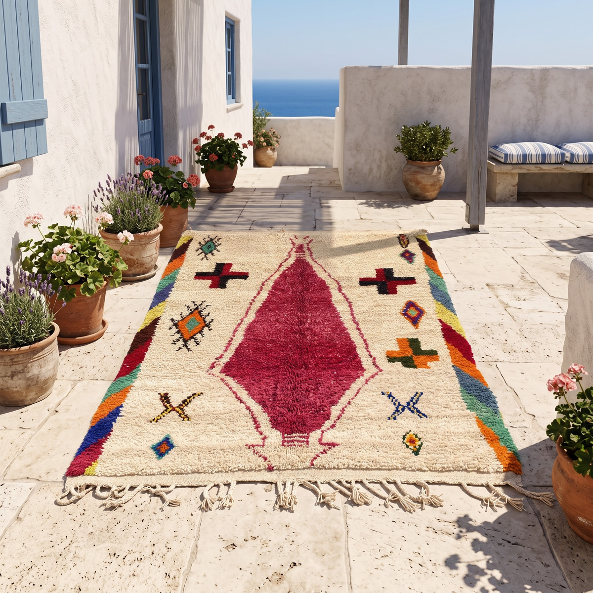 Handmade Moroccan Wool Rug Azilal Style | Magenta Centerpiece & Tribal Cross Symbols on Cream Atlas Carpet