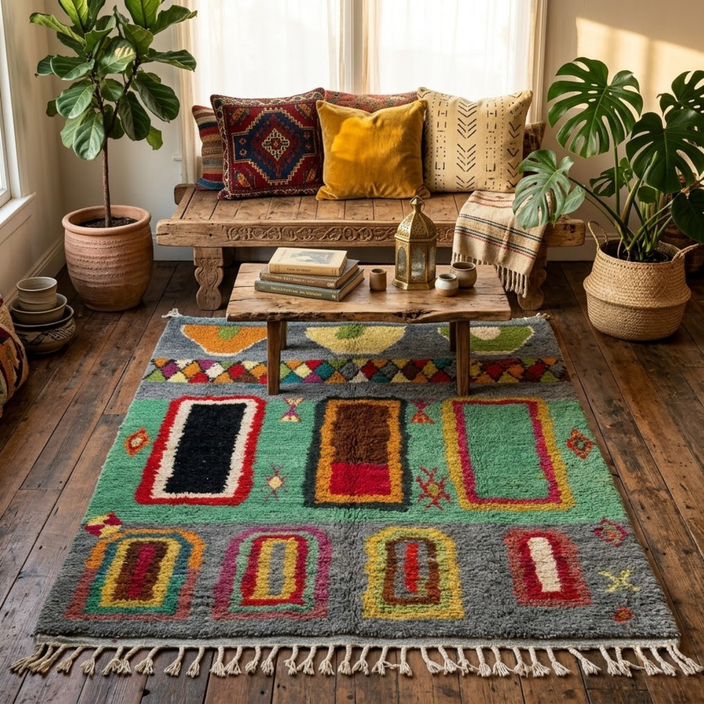 Handmade Moroccan Wool Rug Azilal Style | Architectural Portals & Arches in Slate Grey & Mint Green Atlas Carpet