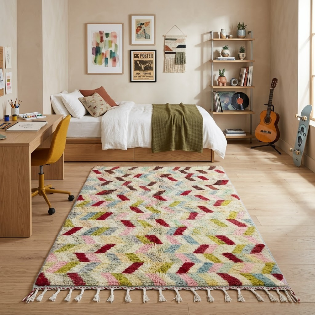 Handmade Moroccan Wool Rug Azilal / Boujaad Style | Multicolor Herringbone Chevron Pattern Atlas Carpet