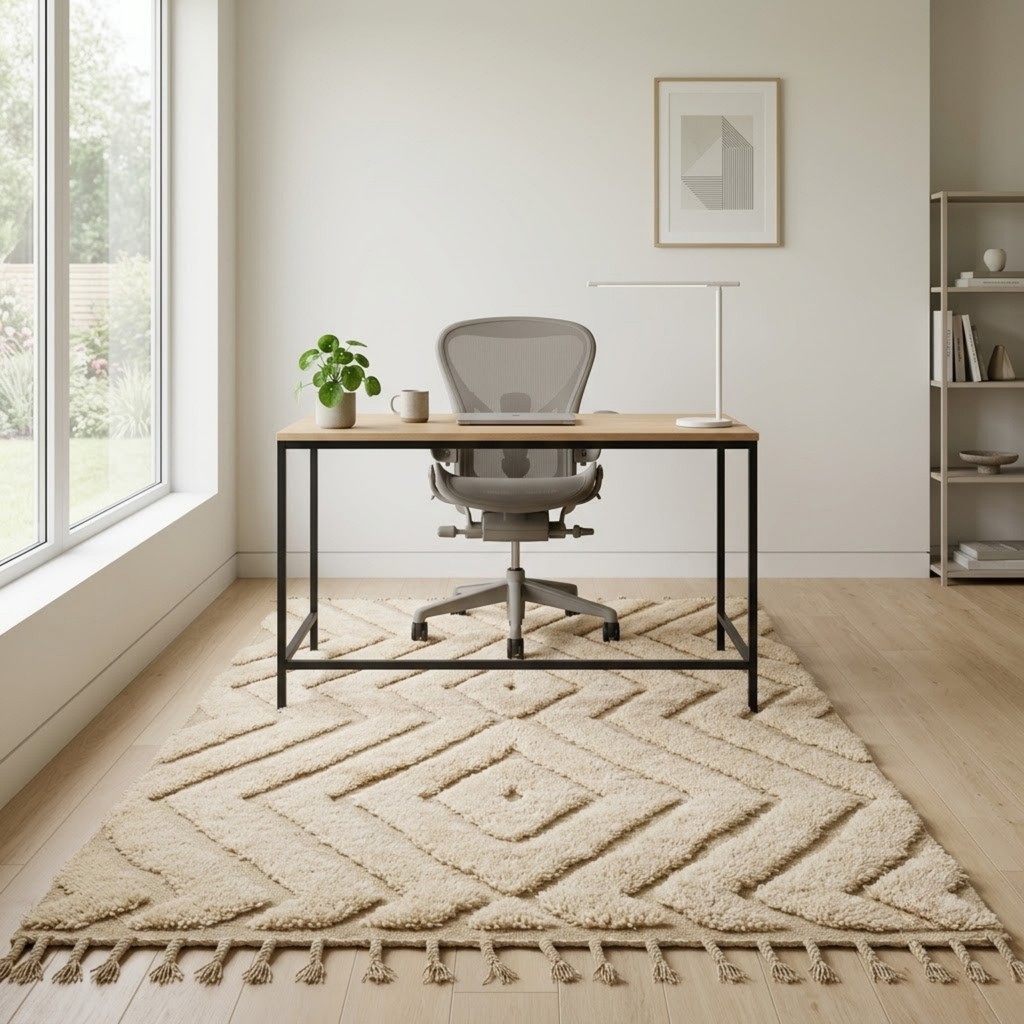 Handmade Moroccan Wool Rug Beni Ourain Style | High-Low 3D Textured Diamond & Chevron Pattern in Sand Beige