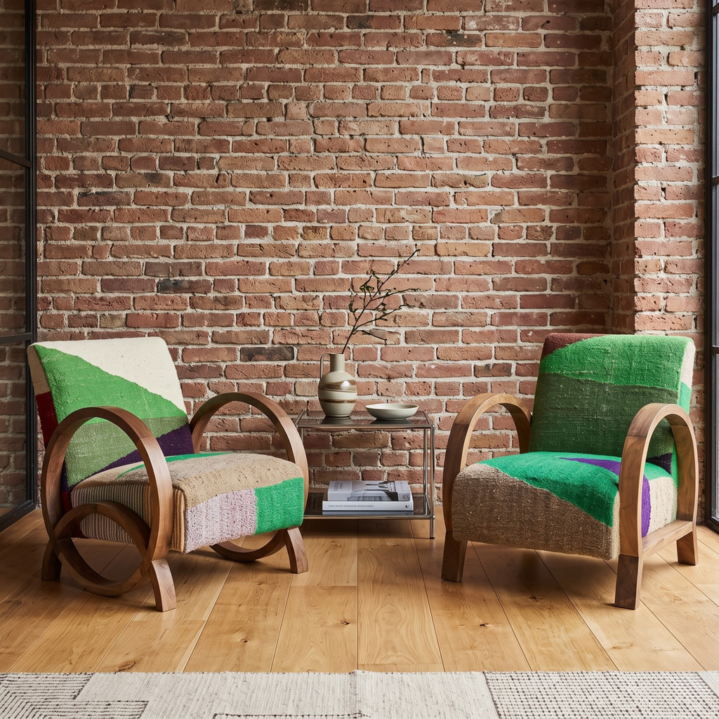 Handmade Moroccan Solid Walnut Bentwood Armchair – Emerald Green Kilim Fabric