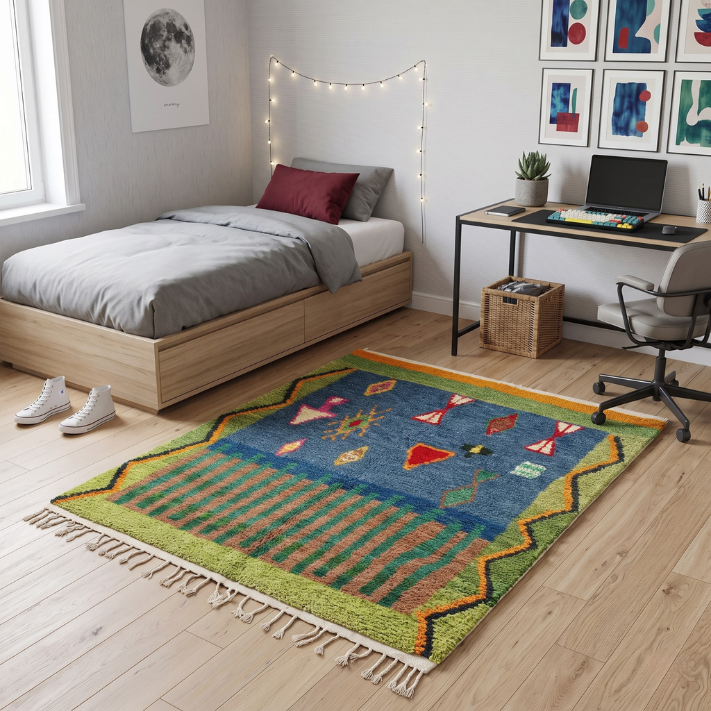 Handmade Moroccan Wool Rug Azilal Style | Starry Atlas Night Sky with Tribal Symbols in Indigo & Green