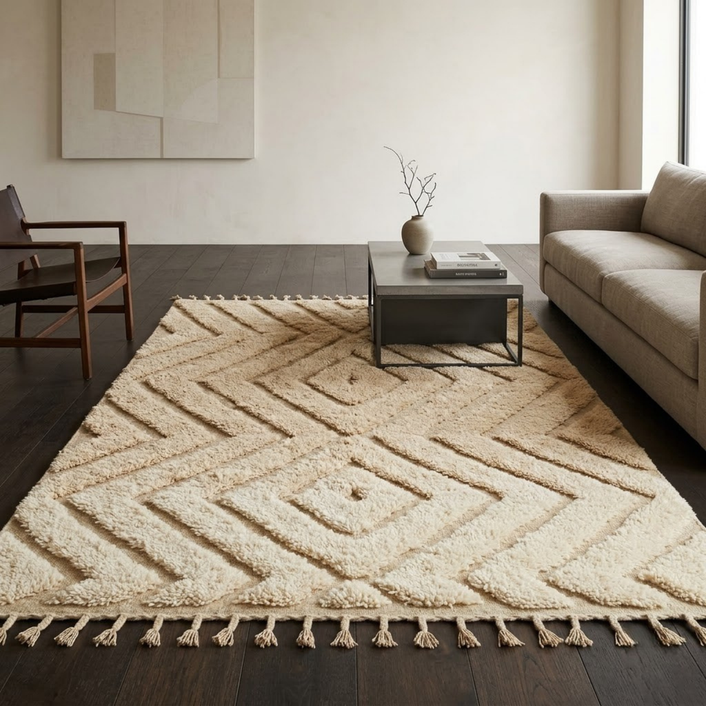 Handmade Moroccan Wool Rug Beni Ourain Style | High-Low 3D Textured Diamond & Chevron Pattern in Sand Beige