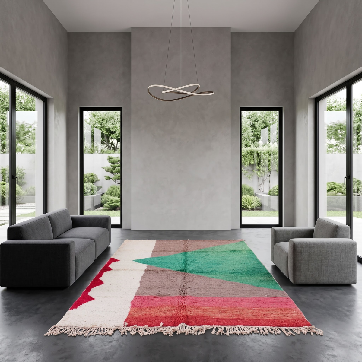 Handmade Moroccan Wool Rug Boujaad / Azilal Style | Abstract Color Block in Forest Green, Taupe & Terracotta Atlas Carpet