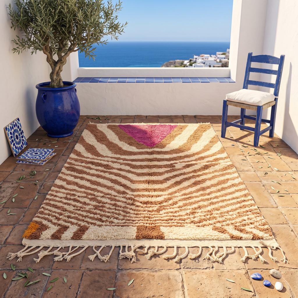 Handmade Moroccan Wool Rug Azilal Style | Caramel Wave Motif with Magenta Focal Point Atlas Carpet