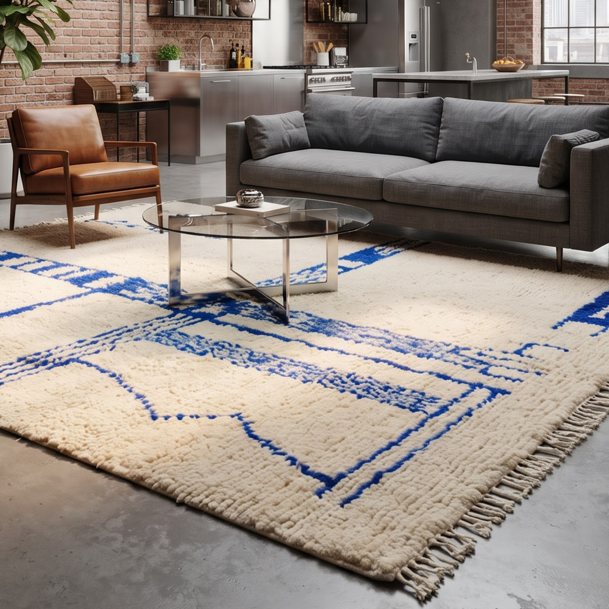 Handmade Moroccan Wool Rug Azilal Style | Cobalt Majorelle Blue Abstract Motifs on Cream Atlas Carpet